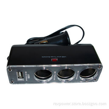 Three-dragged Cigarette Lighter Charger with 12 to 24V Input Voltage and USB Port